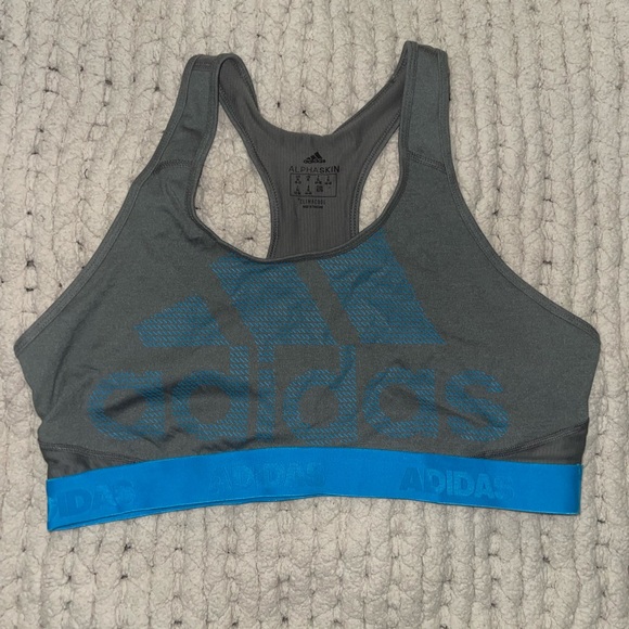 Adidas Women's Dark Gray and Blue Sports Bra - Picture 1 of 4